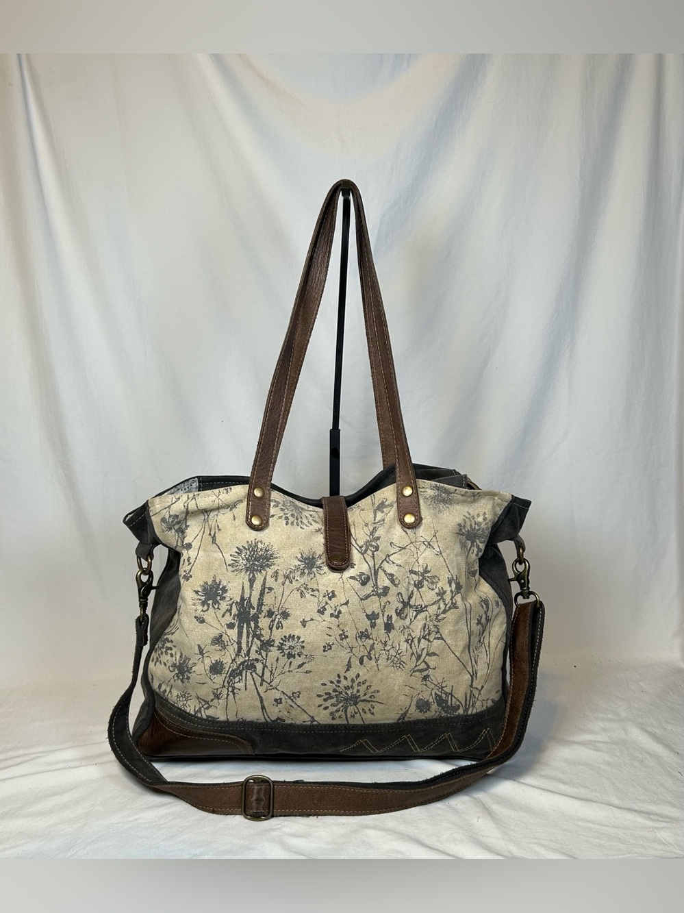 Myra Bag Mystique Large Floral Canvas Leather Messenger Cross Body Lap Top Tote